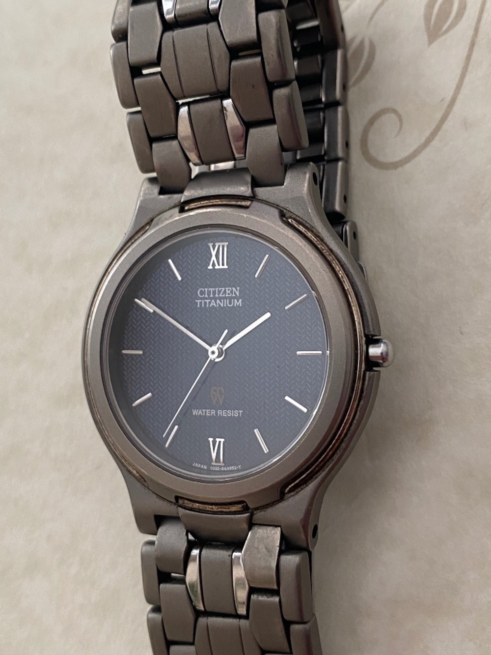 Vintage Y2K Citizen Titanium Quartz Watch w/Dark Blue Textured Dial